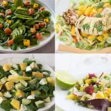 Cuatro ensaladas vibrantes: salmón y aguacate, calamar a la parrilla, queso y aguacate, y una refrescante ensalada de mango con frambuesas.