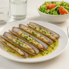 Deliciosas navajas a la plancha con ajo y perejil, servidas en una fuente con pan, ensalada y agua.