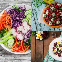 Variedad de ensaladas de remolacha, una con queso feta y hierbas, otra con huevo duro y queso, y una ensalada colorida con col morada, zanahoria y pepino.