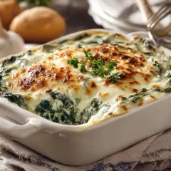 Delicioso plato de espinacas a la crema, gratinado con queso dorado y perejil fresco. Acompañado de ajos y patatas.