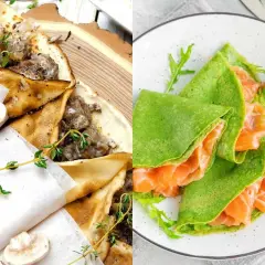 Dos tipos de crepes salados: uno relleno de champiñones y carne, y otro verde con salmón ahumado.