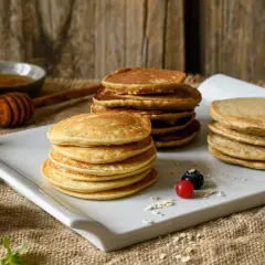 Montón de tortitas de avena doradas, servidas con bayas frescas y miel.