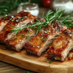 Costillas de cerdo glaseadas y jugosas, adornadas con romero fresco y sal gruesa, servidas en una tabla de madera.