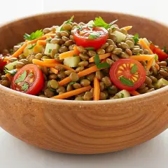 Deliciosa ensalada de lentejas con tomates cherry, zanahoria rallada y perejil, servida en un cuenco de madera.