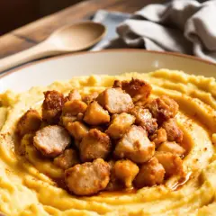 Patatas revolconas cremosas con trocitos de carne dorada, espolvoreadas con pimentón. Un plato reconfortante listo para disfrutar.