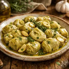 Plato rústico con alcachofas confitadas, tiernas y doradas, bañadas en aceite de oliva y hierbas frescas.