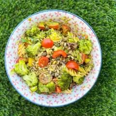 Deliciosa ensalada de pasta con brócoli, tomates cherry y semillas, servida en un cuenco con estampado geométrico sobre césped verde.