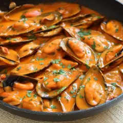 Mejillones con tomate en salsa cremosa, espolvoreados con perejil fresco. Un plato delicioso y fácil de preparar.