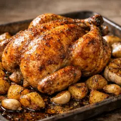 Pollo al horno dorado y jugoso, acompañado de patatas rústicas y ajos asados en una bandeja metálica.