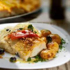 Filete de bacalao skrei asado con patatas, aceitunas y pimientos rojos.