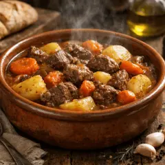 Un humeante estofado de ternera con patatas y zanahorias en una cazuela de barro, listo para ser servido con pan rústico.