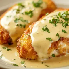 Dos pechugas villaroy doradas y crujientes, cubiertas con una cremosa salsa bechamel y perejil picado.