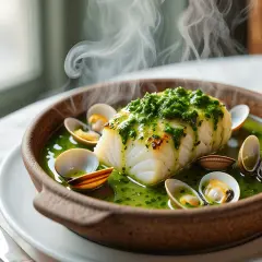 Delicioso bacalao en salsa verde, con almejas y vapor ascendiendo. Un plato humeante listo para disfrutar.