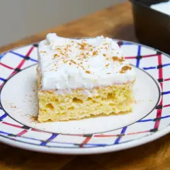 Un trozo de tarta tres leches, esponjoso y cubierto de crema batida con canela, servido en un plato decorado.
