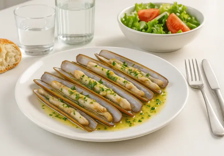 Deliciosas navajas a la plancha con ajo y perejil, servidas en una fuente con pan, ensalada y agua.