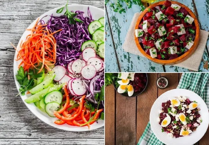 Variedad de ensaladas de remolacha, una con queso feta y hierbas, otra con huevo duro y queso, y una ensalada colorida con col morada, zanahoria y pepino.