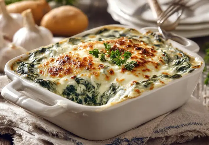 Delicioso plato de espinacas a la crema, gratinado con queso dorado y perejil fresco. Acompañado de ajos y patatas.