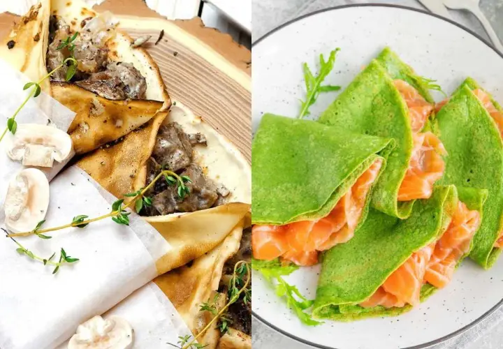 Dos tipos de crepes salados: uno relleno de champiñones y carne, y otro verde con salmón ahumado.