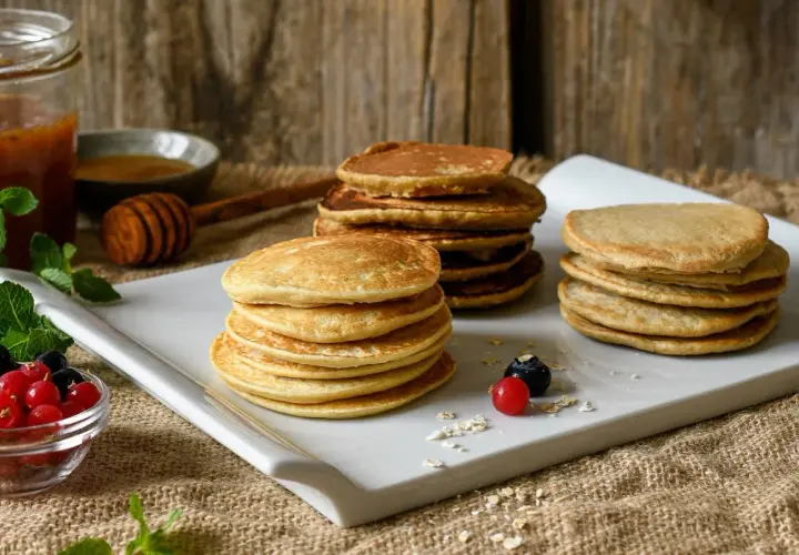 Montón de tortitas de avena doradas, servidas con bayas frescas y miel.