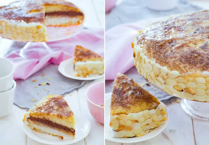 Deliciosa tarta San Marcos con capas de bizcocho, crema y cobertura de almendras laminadas. Un postre perfecto para celebrar.