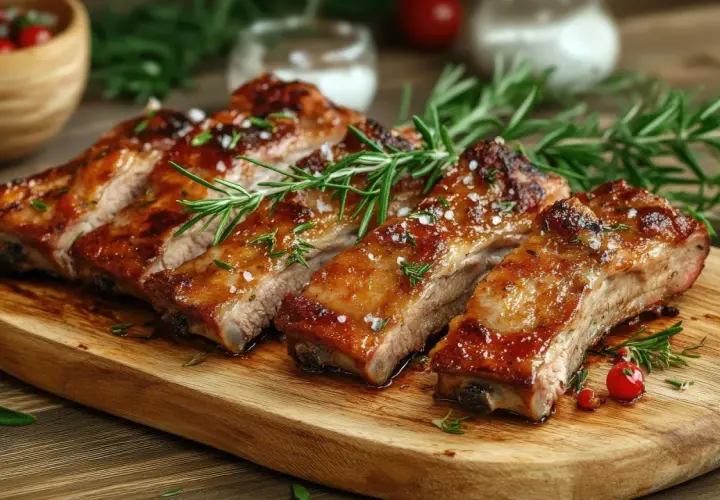 Costillas de cerdo glaseadas y jugosas, adornadas con romero fresco y sal gruesa, servidas en una tabla de madera.