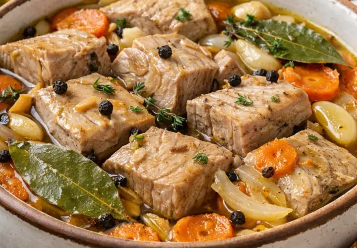 Bonito en escabeche, trozos de pescado tierno con zanahorias, cebolla y granos de pimienta negra en una cazuela.