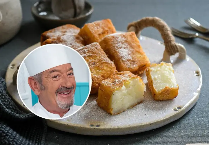 Chef sonríe junto a una bandeja de deliciosa leche frita espolvoreada con azúcar.