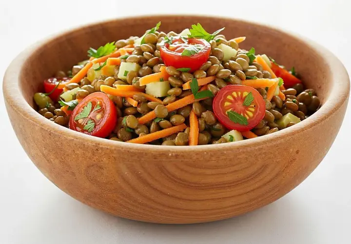 Deliciosa ensalada de lentejas con tomates cherry, zanahoria rallada y perejil, servida en un cuenco de madera.