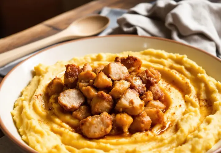 Patatas revolconas cremosas con trocitos de carne dorada, espolvoreadas con pimentón. Un plato reconfortante listo para disfrutar.