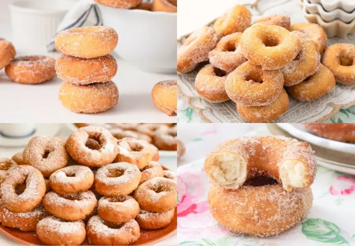 Montaje de rosquillas caseras, perfectas para aprender como hacer rosquillas. Doradas, azucaradas y esponjosas.