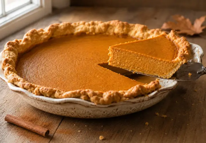 Una rebanada de tarta de calabaza recién horneada, con su masa dorada y relleno cremoso, lista para ser disfrutada.
