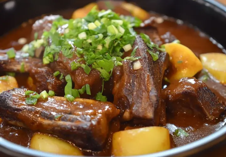 Patatas con costillas estofadas en salsa oscura, cubiertas con cebolleta picada. Un plato reconfortante y sabroso.