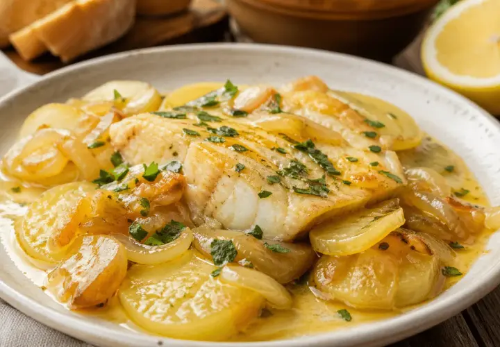 Merluza al horno jugosa con patatas panadera y cebolla caramelizada, espolvoreada con perejil fresco.