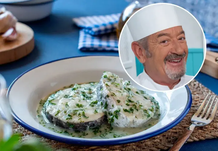 Merluza en salsa verde, un plato tradicional español, servido con un chef sonriente.