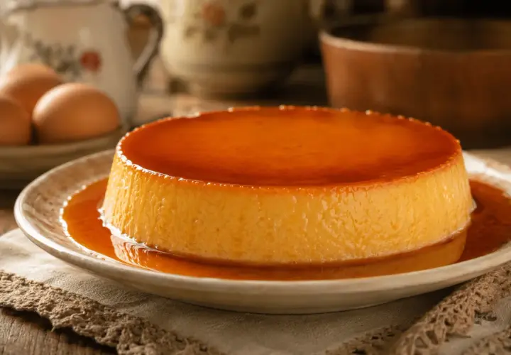 Delicioso flan de huevo casero con caramelo líquido, listo para disfrutar. Huevos frescos en el fondo.