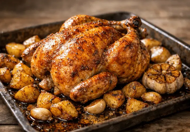 Pollo al horno dorado y jugoso, acompañado de patatas rústicas y ajos asados en una bandeja metálica.