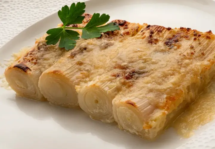 Tres tiernos puerros al horno gratinados con queso, coronados con una ramita de perejil fresco.