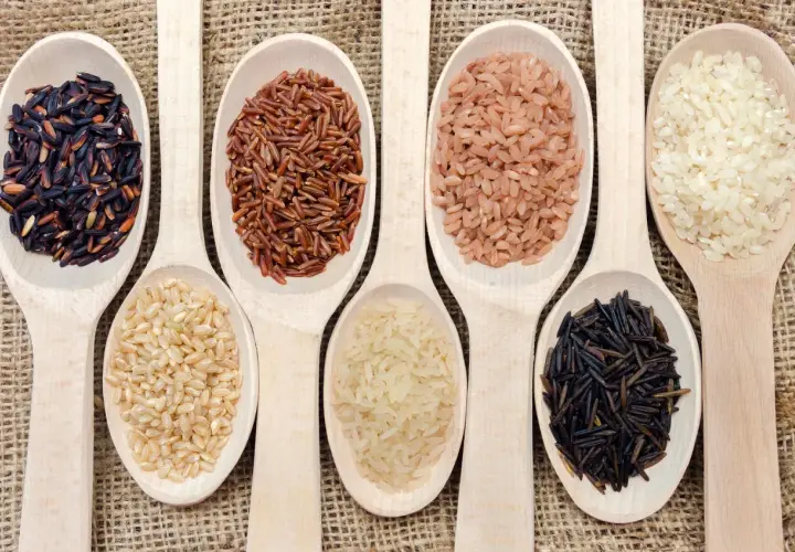 Cucharas de madera con distintos tipos de arroz, listos para cocer. Arroz negro, integral, rojo y blanco.