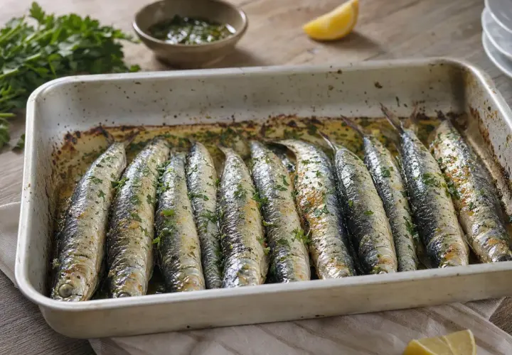 Sardinas al horno recién hechas, doradas y espolvoreadas con perejil fresco, listas para disfrutar con un toque de limón.