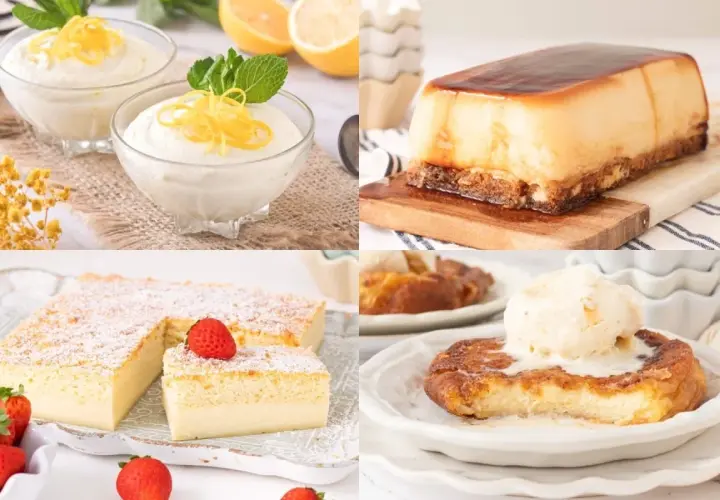 Deliciosos postres caseros: mousse de limón, flan, bizcocho esponjoso y torrijas con helado. ¡Un festín para los sentidos!