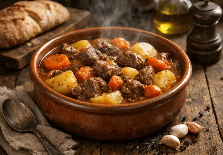 Un humeante estofado de ternera con patatas y zanahorias en una cazuela de barro, listo para ser servido con pan rústico.