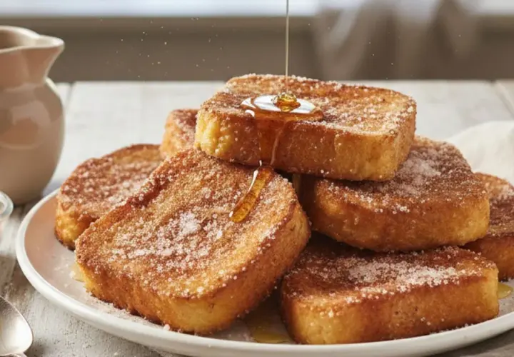 Torrijas de leche doradas y crujientes, espolvoreadas con azúcar y canela, con un hilo de miel cayendo sobre ellas.