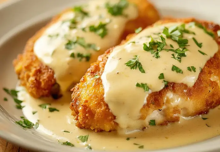Dos pechugas villaroy doradas y crujientes, cubiertas con una cremosa salsa bechamel y perejil picado.