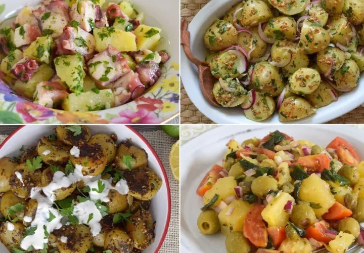 Cuatro deliciosas variantes de amanida de patata: con pulpo, con cebolla morada y mostaza, asada con aliño cremoso y con aceitunas y tomate.