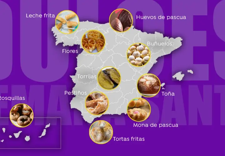 Mapa de España con dulces típicos de Semana Santa: leche frita, flores, torrijas, pestiños, rosquillas, huevos de pascua, buñuelos, toña, mona de pascua y tortas fritas.