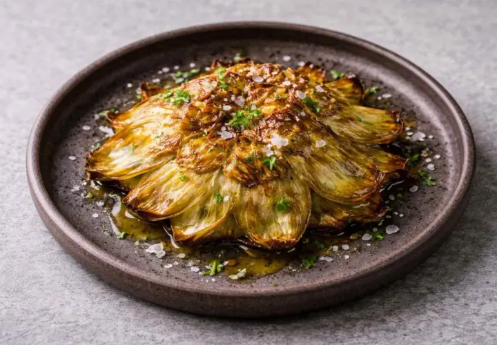 Deliciosas alcachofas a la plancha, doradas y tiernas, bañadas en aceite de oliva y espolvoreadas con sal marina y perejil fresco.