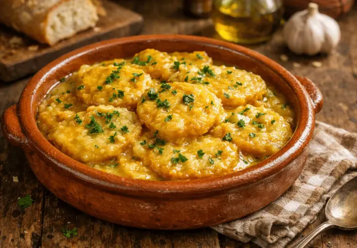 Patatas a la importancia, un plato reconfortante en cazuela de barro, adornado con perejil fresco.