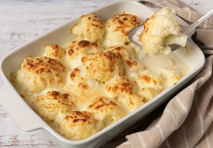Coliflor gratinada con bechamel cremosa, lista para servir. Un plato reconfortante y delicioso.