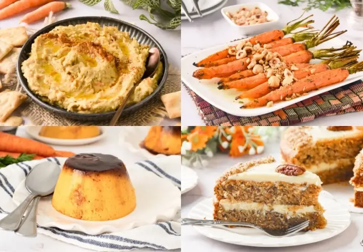 Hummus, zanahorias asadas, flan y pastel de zanahoria. ¡Deliciosas recetas con zanahoria para todos los gustos!