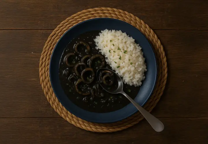 Plato de calamares en su tinta con arroz blanco, servido en un plato azul sobre una esterilla de mimbre.